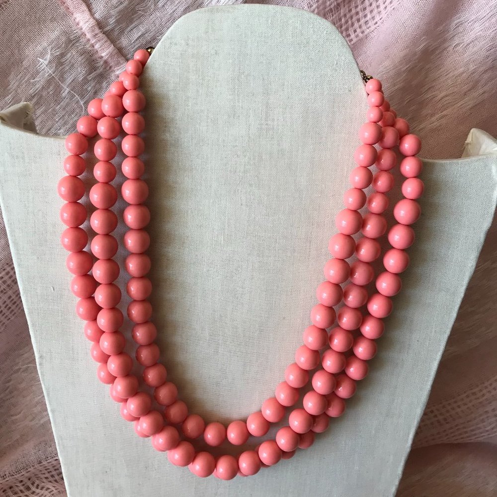 Coral Pink Triple Strand Plastic Beaded  Adjustable Necklace